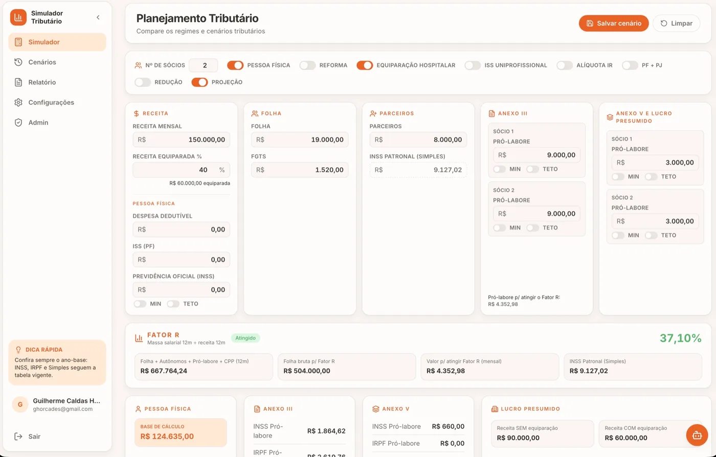 Tela real do simulador tributário com comparação de cenários